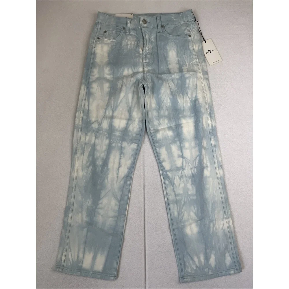 7 For All Mankind High Waisted Cropped Straight Jeans Tie Dye Blue 29 7U305495
